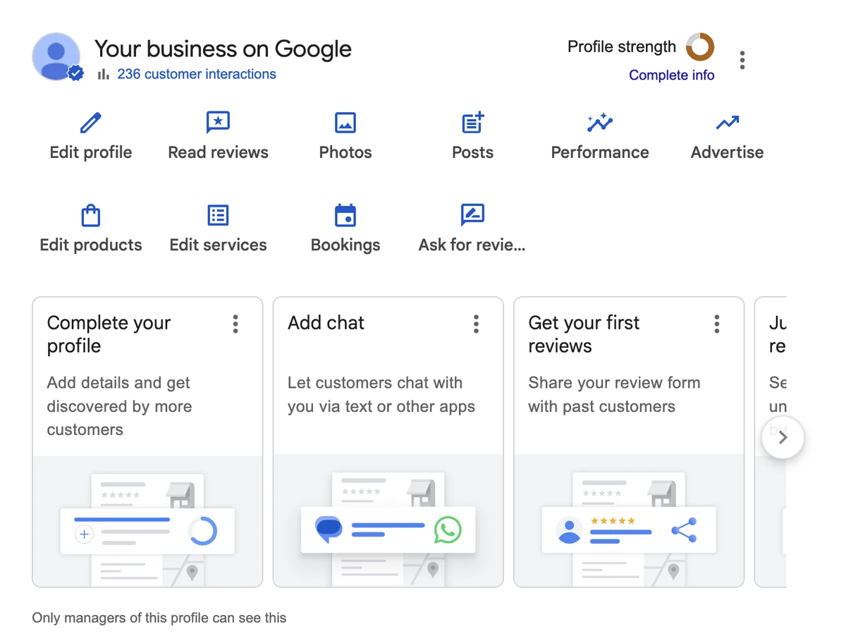 Inside the Google Business Profile manager: profile info, photos, posts, reviews, and performance