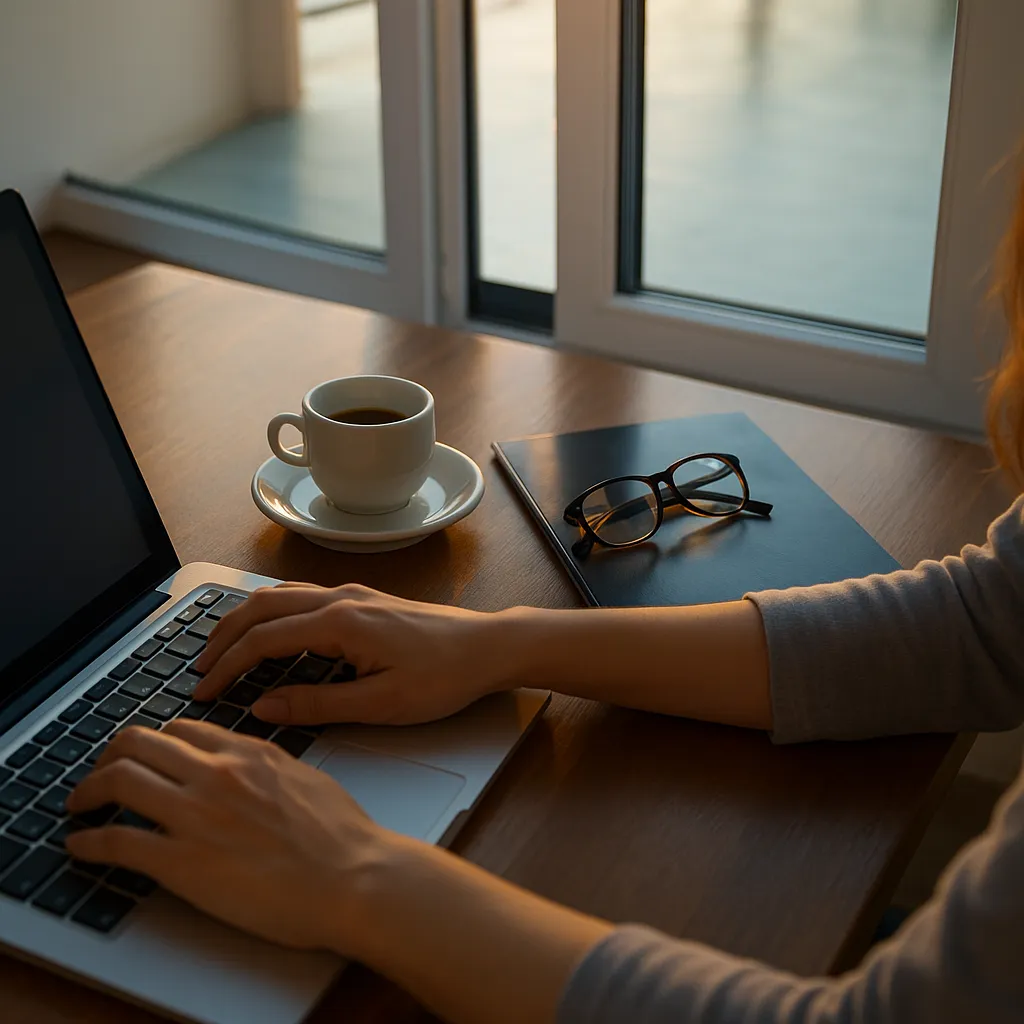 A close-up shot of a woman working on an SEO audit on her laptop. A cup of coffee and a notebook are kept nearby.